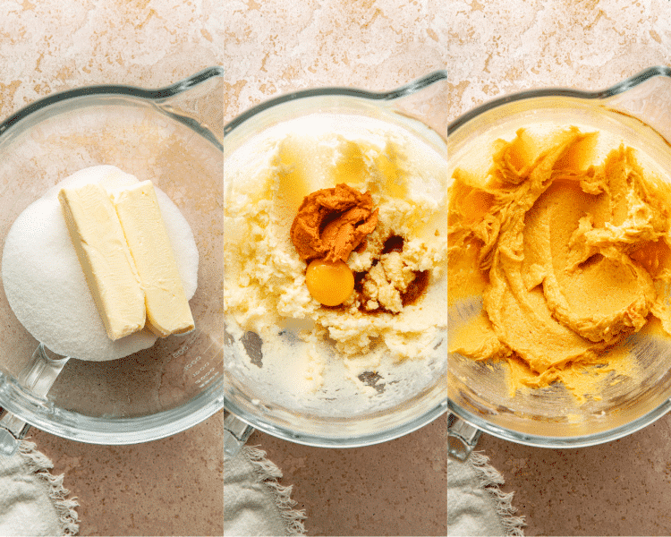Three images of beating the butter and sugar then mixing the wet ingredients together.