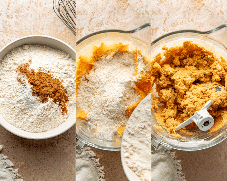 Three images of mixing the dry dry ingredients together then adding to the wet ingredients and mixing until combined.