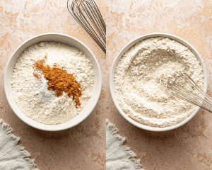 Side-by-side of whisking all the dry ingredients together.