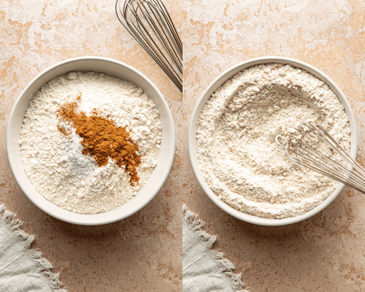 Side-by-side of whisking all the dry ingredients together.