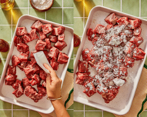 Side-by-side of patting the beef dry then seasoning with the seasonings and tossing to combine.