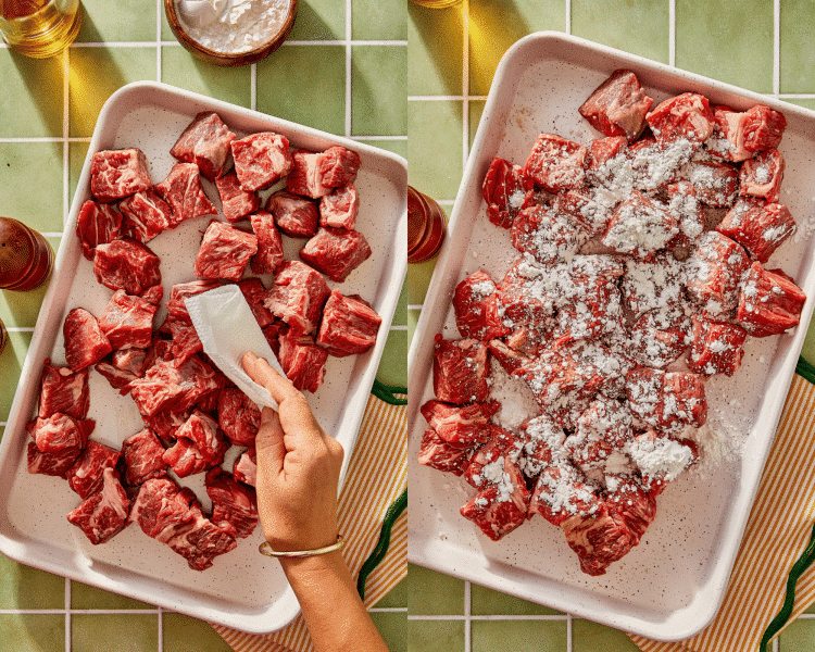 Side-by-side of patting the beef dry then seasoning with the seasonings and tossing to combine.