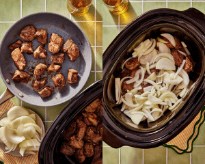 Side-by-side of searing the beef chunks in a skillet then adding to the slow cooker with the onions on top.