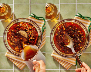 Side-by-side image of whisking all the sauce ingredients together in a small mixing bowl.