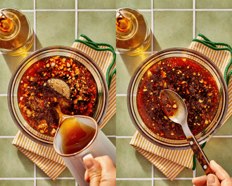 Side-by-side image of whisking all the sauce ingredients together in a small mixing bowl.