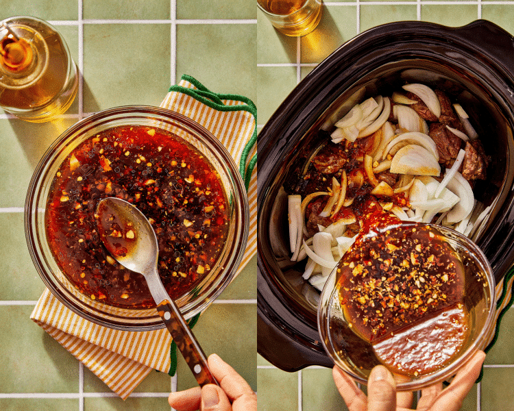 Side-by-side of stirring the sauce ingredients together then pouring on top of the seared beef and onions in the slow cooker.