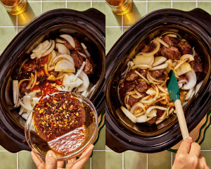 Side-by-side of pouring the sauce on top of the beef and onion in the slow cooker and stirring to combined.