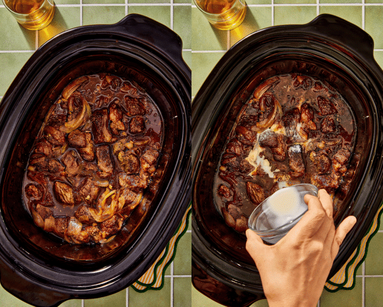 Side-by-side of cooked beef in the slow cooker then adding the cornstarch slurry and cooking for 10-15 more minutes to thicken the sauce.