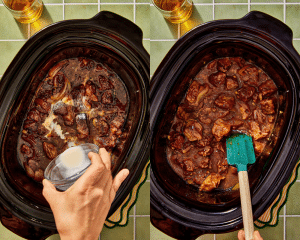 Side-by-side of adding the cornstarch slurry and stirring to thicken.