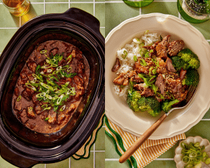 Side-by-side of adding green onions to cooked beef in the slow cooker then serving in a bowl with rice and broccoli.