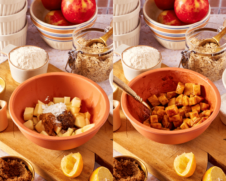 Side-by-side of mixing together the apple mixture in small bowl.