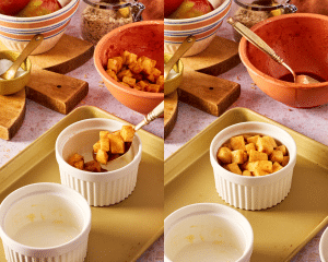 Side-by-side of spoon apples into ramekin.