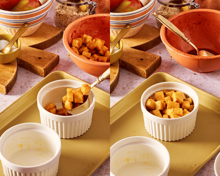 Side-by-side of spoon apples into ramekin.