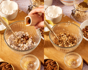 Side-by-side of mixing together the oat topping in a small mixing bowl.