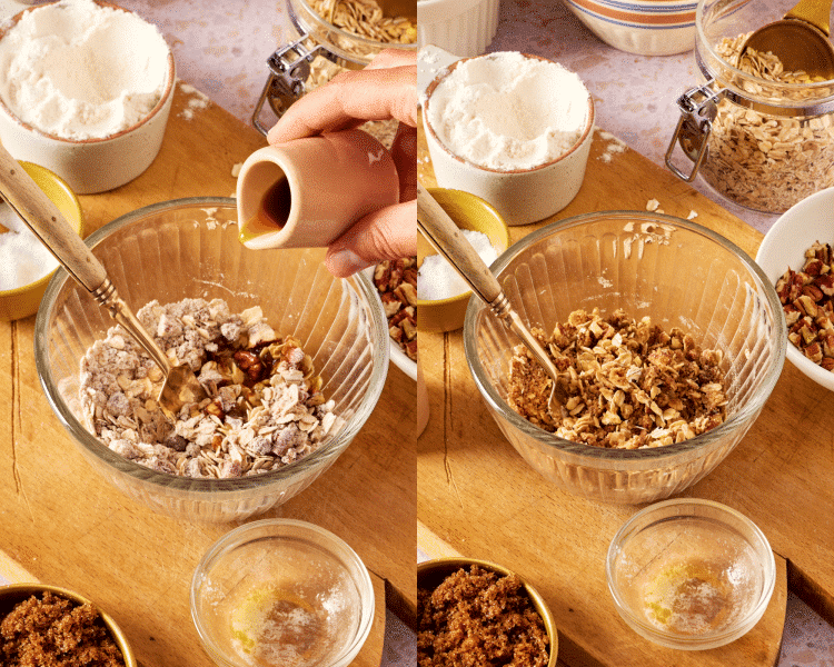 Side-by-side of mixing together the oat topping in a small mixing bowl.