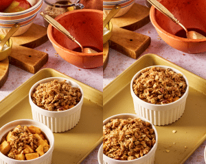 Side-by-side photo of adding the oat topping to apple mixture in ramekins.