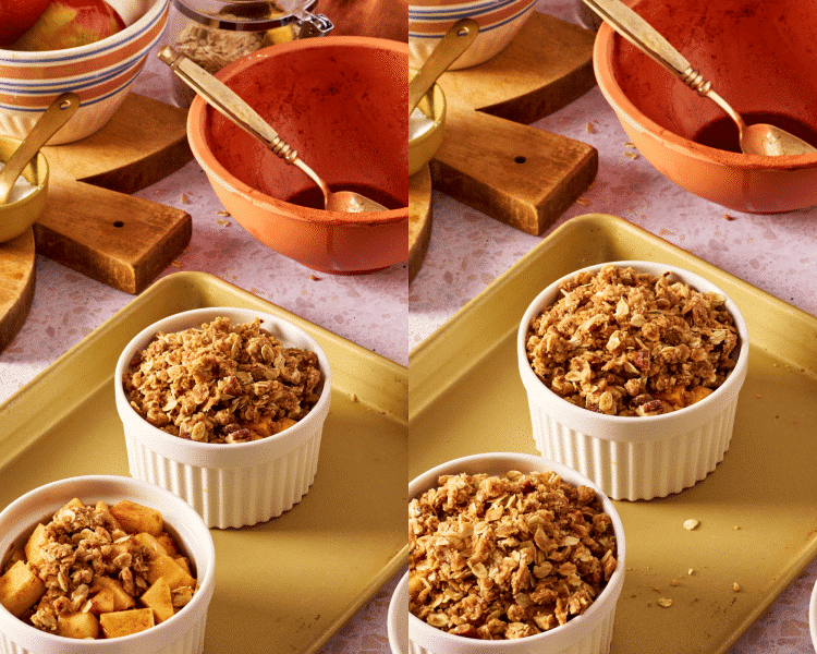 Side-by-side photo of adding the oat topping to apple mixture in ramekins.