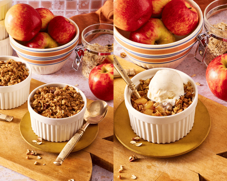 Side-by-side of baking single serve apple crisp for 25-30 minutes then serving with a scoop of vanilla ice cream.