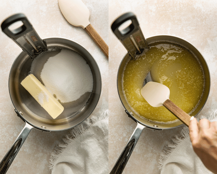 Side-by-side of adding ingredients to saucepan and letting them melt while stirring.