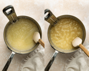 Side-by-side of continuously stirring melted ingredients for homemade toffee in a saucepan.