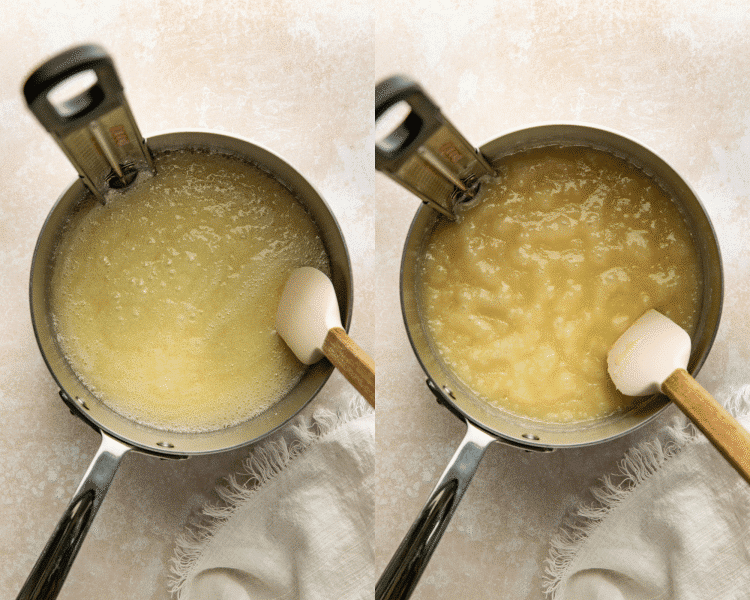 Side-by-side of continuously stirring melted ingredients for homemade toffee in a saucepan.