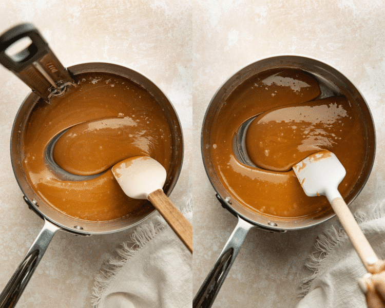 Side-by-side of stirring toffee in saucepan until it reaches the correct temperature.