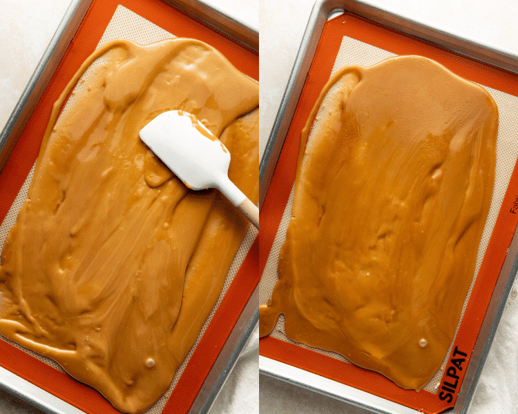 Side-by-side of spreading cooked toffee on 9x13 baking sheet then letting it cool for 20-30 minutes.