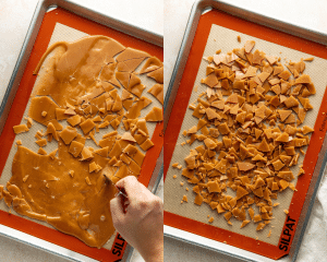 Side-by-side photo of breaking up toffee bits after cooked toffee has cooled.