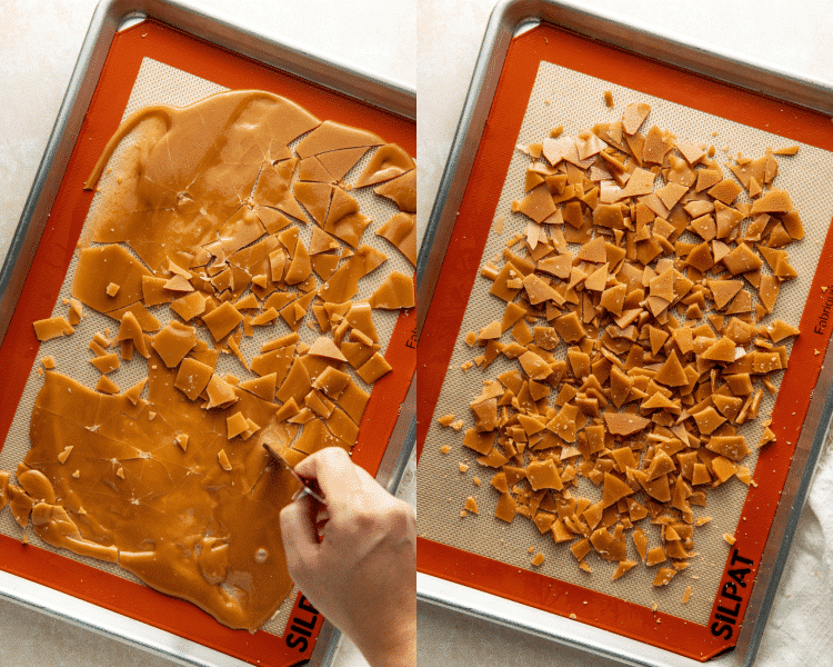Side-by-side photo of breaking up toffee bits after cooked toffee has cooled.