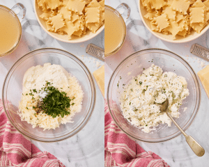 Side-by-side of mixing the ricotta topping ingredients together in a small mixing bowl.