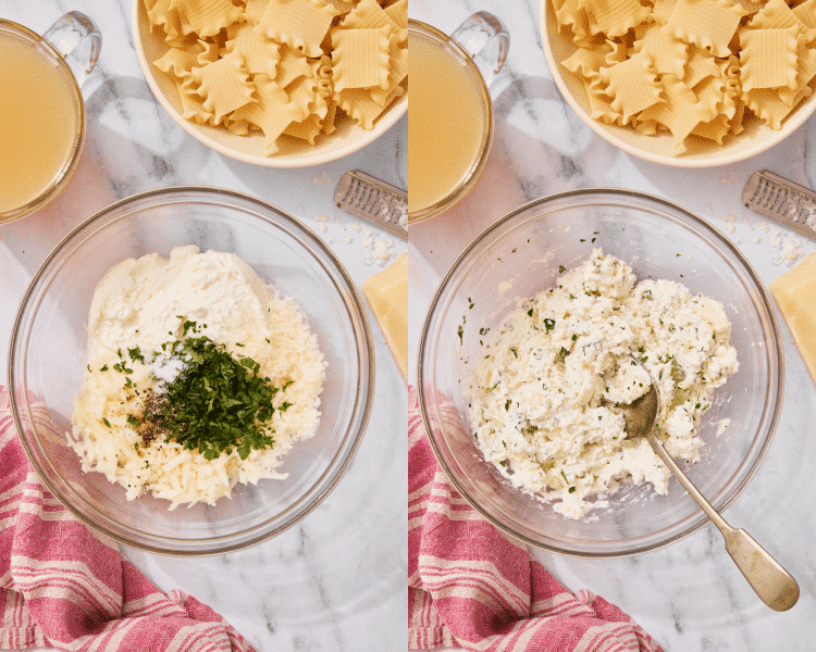 Side-by-side of mixing the ricotta topping ingredients together in a small mixing bowl.