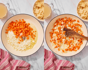 Side-by-side of adding the carrots and onions to melted butter and oil in the dutch oven.