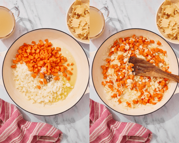 Side-by-side of adding the carrots and onions to melted butter and oil in the dutch oven.