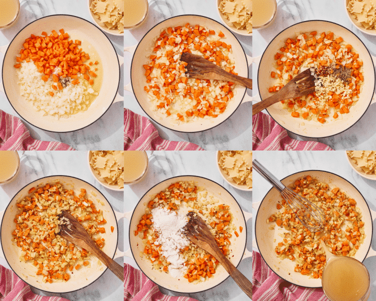 Six images of building the base for the white lasagna chicken soup.