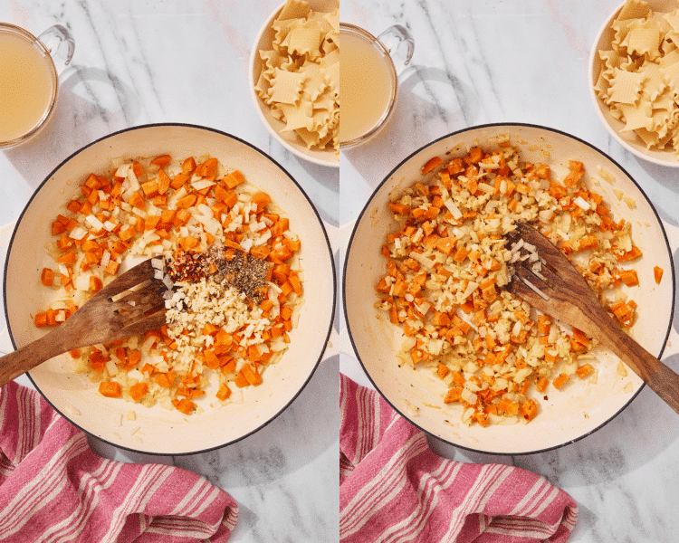 Side-by-side of sprinkling the carrots and onions with seasonings and cooking for a few minutes.