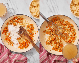 Side-by-side of sprinkling veggies with flour then pouring in the chicken broth.