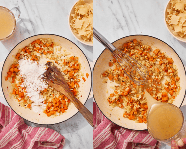 Side-by-side of sprinkling veggies with flour then pouring in the chicken broth.
