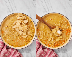 Side-by-side of adding broken lasagna noodles then cooking for 10-12 minutes, or until noodles are al dente.