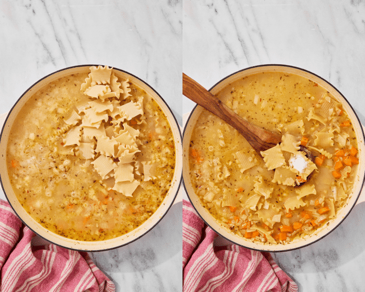 Side-by-side of adding broken lasagna noodles then cooking for 10-12 minutes, or until noodles are al dente.