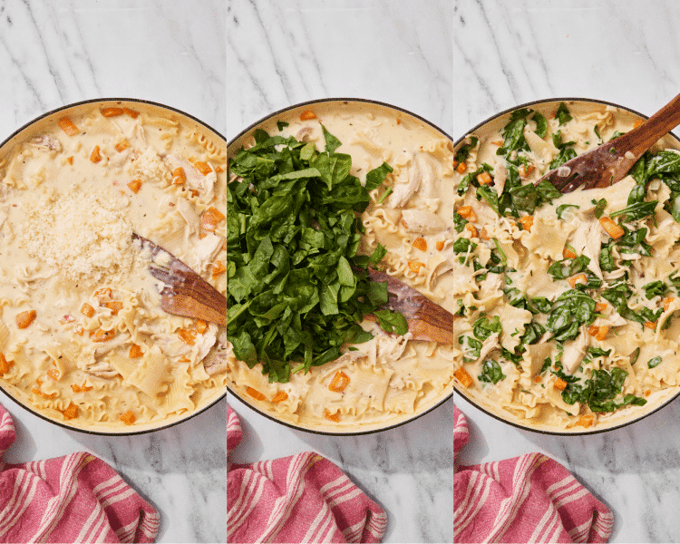 Three images side-by-side of adding the parmesan and spinach to the dutch oven then letting sit for 2-3 minutes or until the spinach wilts.