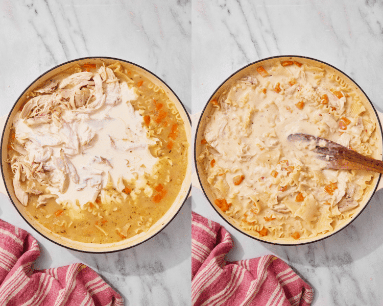 Side-by-side image of adding the chicken and heavy cream to soup base.