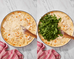 Side-by-side of adding the parmesan and spinach to white lasagna soup.