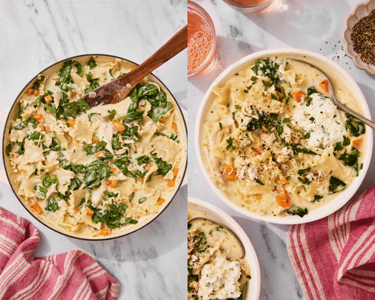Side-by-side of white lasagna chicken soup cooked in a dutch oven then served in a bowl with ricotta topping.