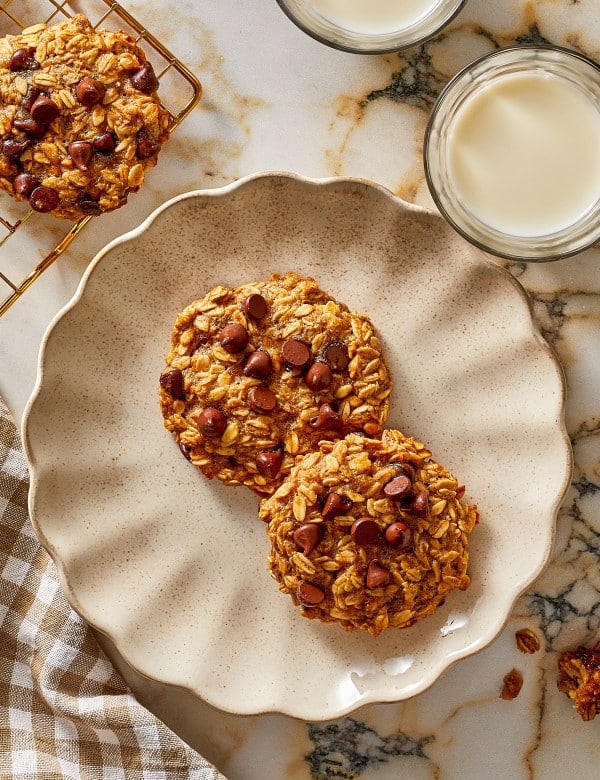 Two healthy breakfast cookies on a plate.