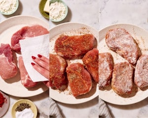 Three step-by-step photos showing raw boneless pork loin chops being patted dry with a paper towel, coated with Italian seasonings and spices, and lightly dusted with flour before searing.