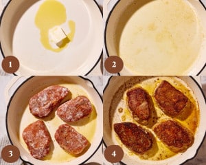 Four step-by-step photos showing seasoned, flour-coated pork chops being seared in a skillet with butter and oil until a deep golden-brown crust forms on both sides.