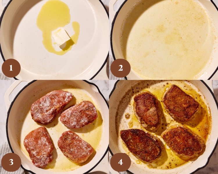 Four step-by-step photos showing seasoned, flour-coated pork chops being seared in a skillet with butter and oil until a deep golden-brown crust forms on both sides.