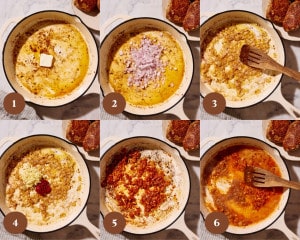 Six step-by-step photos showing the beginning of Marry Me sauce preparation, including melting butter, sautéing diced shallots, adding garlic and tomato paste, and deglazing the skillet with white wine.