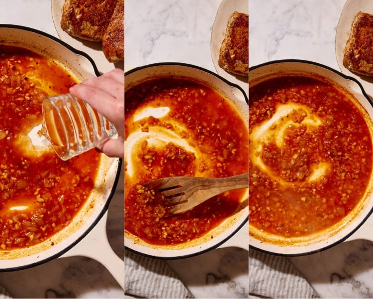 Three step-by-step photos showing white wine being poured into a skillet of sautéed shallots, garlic, and tomato paste, then stirred and simmered to create the flavorful base for Marry Me sauce.