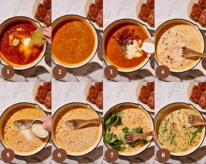 Eight step-by-step photos showing chicken broth, Dijon mustard, heavy cream, sun-dried tomatoes, Italian seasonings, Parmesan cheese, and fresh baby spinach being added to a skillet to make creamy Marry Me sauce.
